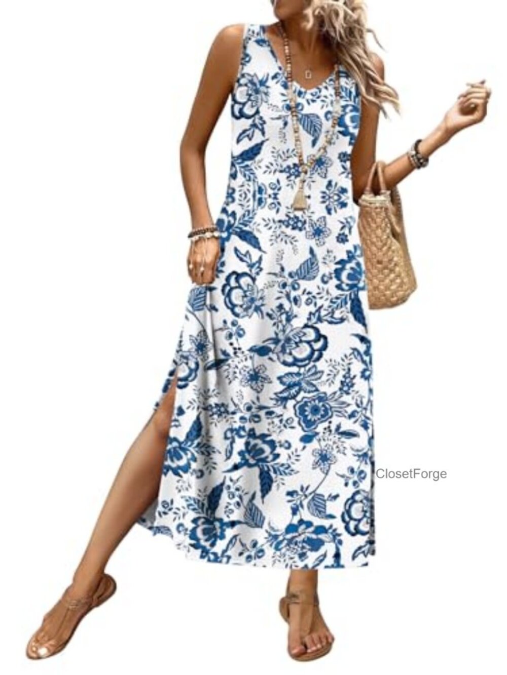 Maxi Summer Dress with Pockets, V-Neck Sleeveless, Boho Beach Vacation
